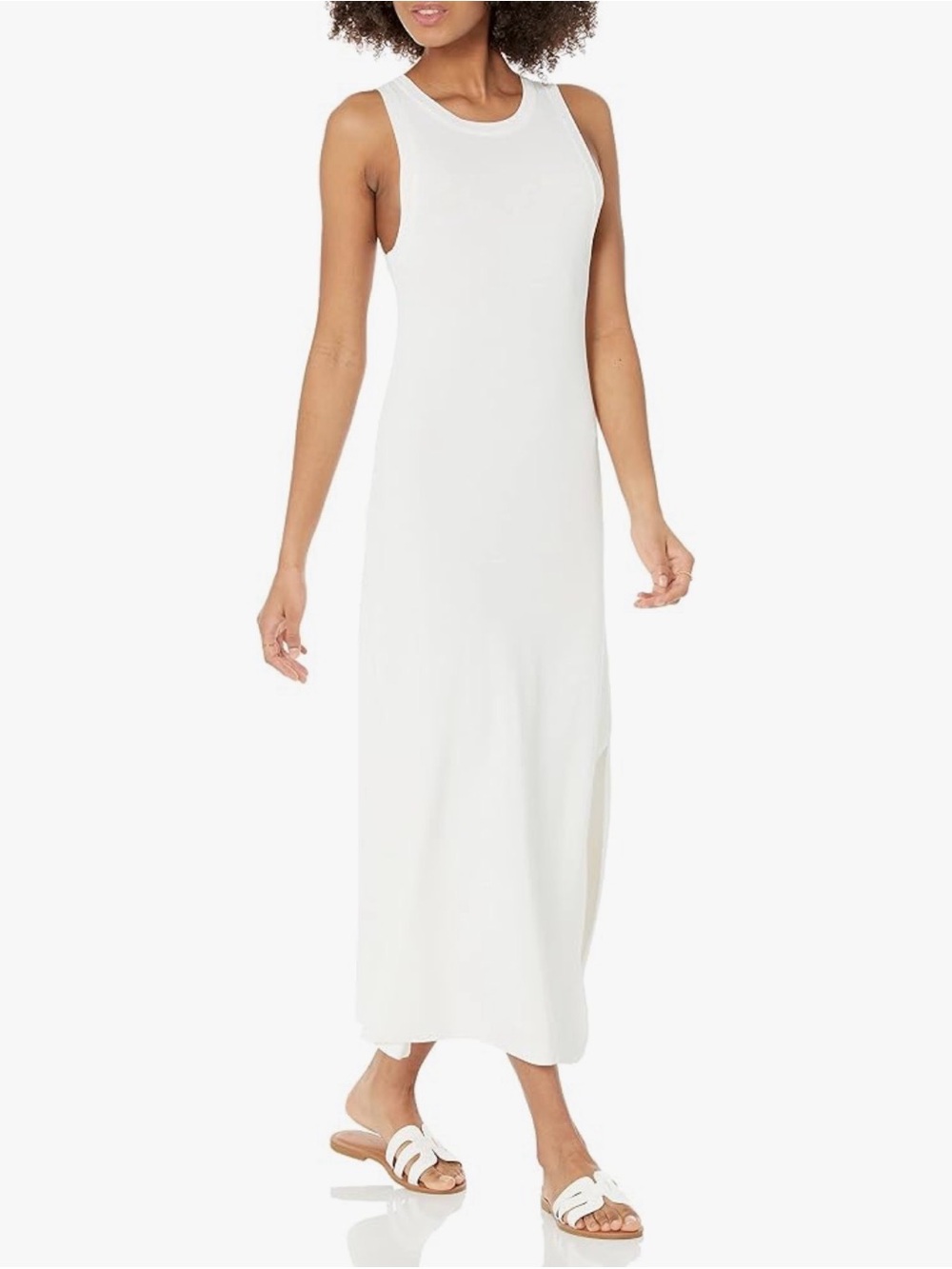 Sleeveless White Maxi Tank Dress with Side Slit - Picture 3 of 5